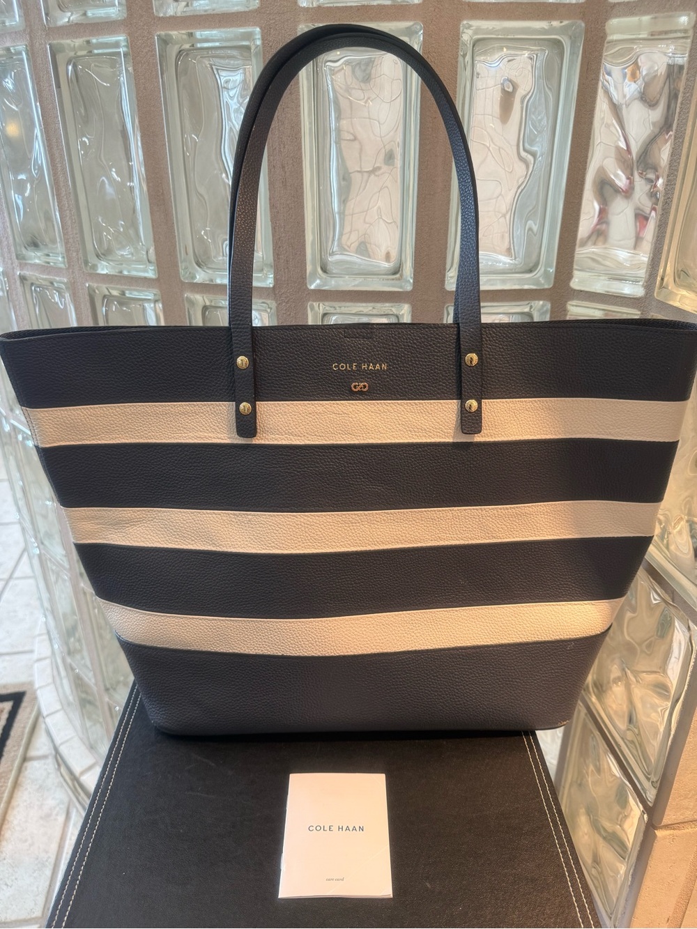 Cole Haan Beckett Tote with Navy & White Striped Pebbled Leather & Gold Accents